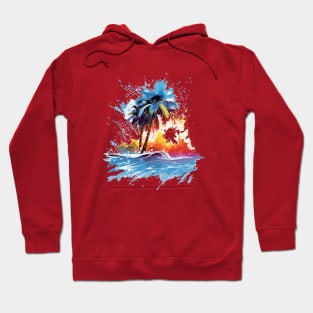 Bold and Colorful Ocean Graphic with Palm Trees and Beach Splats Hoodie
